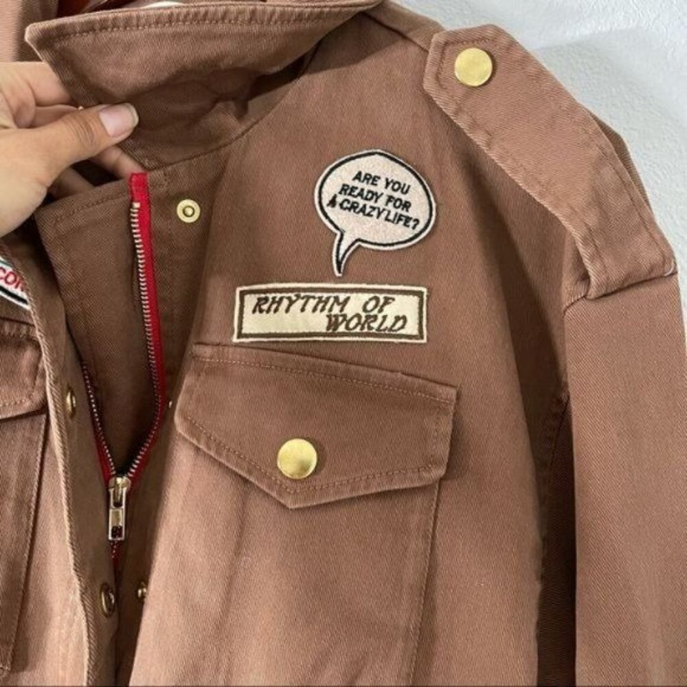Brown Oversized Jean Jacket with Patches Zipper & Snap Button Closure Size M - Picture 8 of 11